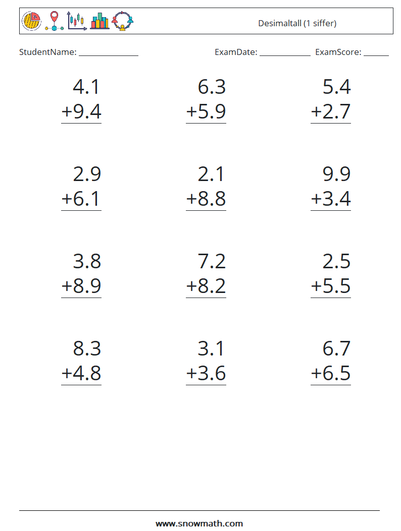 (12) Desimaltall (1 siffer) MathWorksheets 17