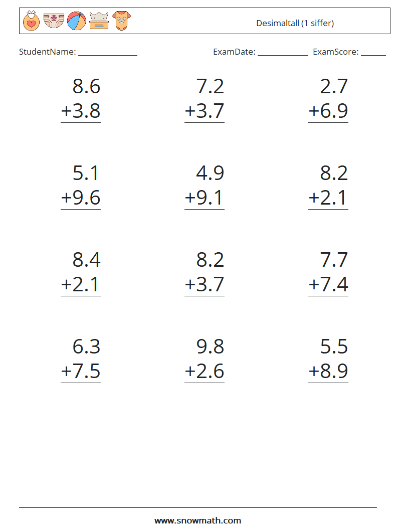 (12) Desimaltall (1 siffer) MathWorksheets 18