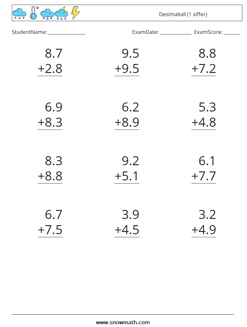 (12) Desimaltall (1 siffer) MathWorksheets 2