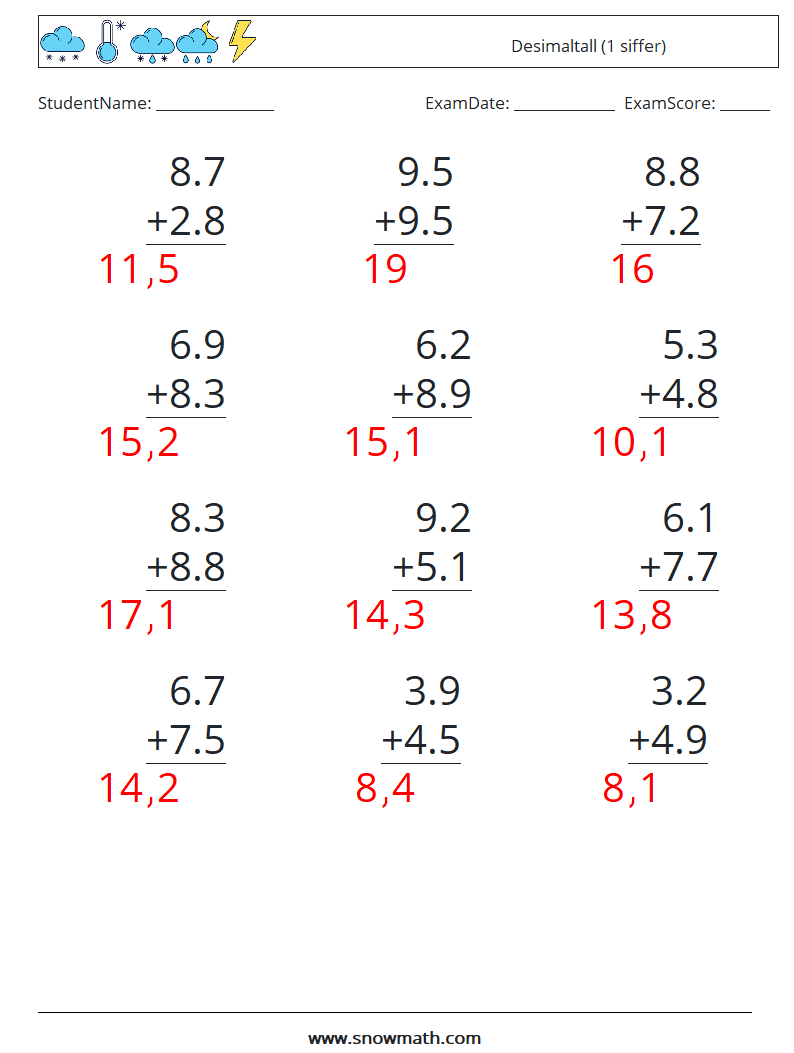 (12) Desimaltall (1 siffer) MathWorksheets 2 QuestionAnswer