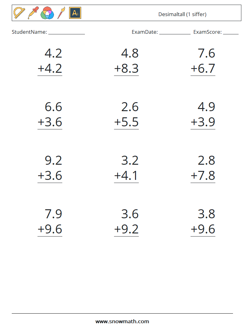 (12) Desimaltall (1 siffer) MathWorksheets 3