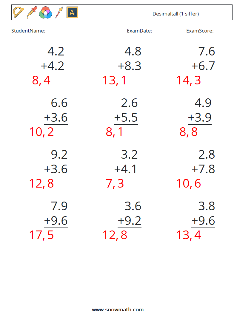 (12) Desimaltall (1 siffer) MathWorksheets 3 QuestionAnswer