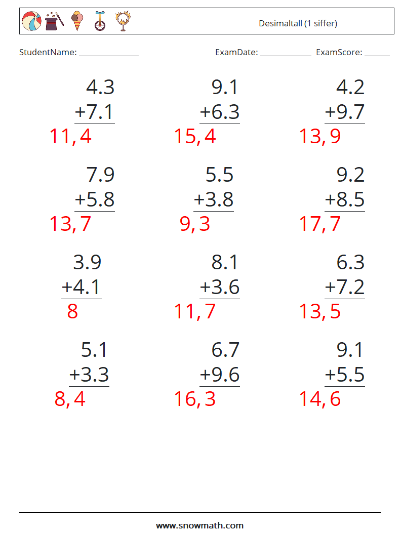 (12) Desimaltall (1 siffer) MathWorksheets 4 QuestionAnswer