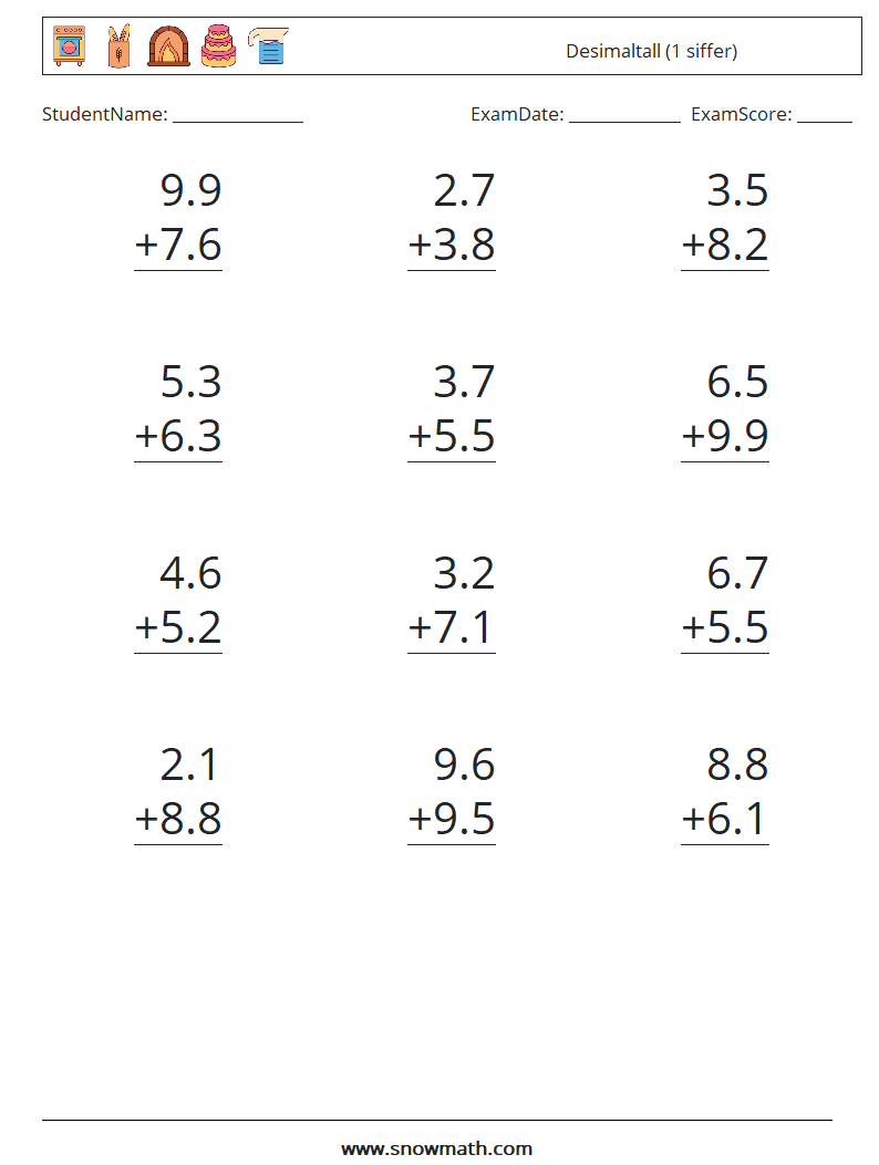 (12) Desimaltall (1 siffer) MathWorksheets 5