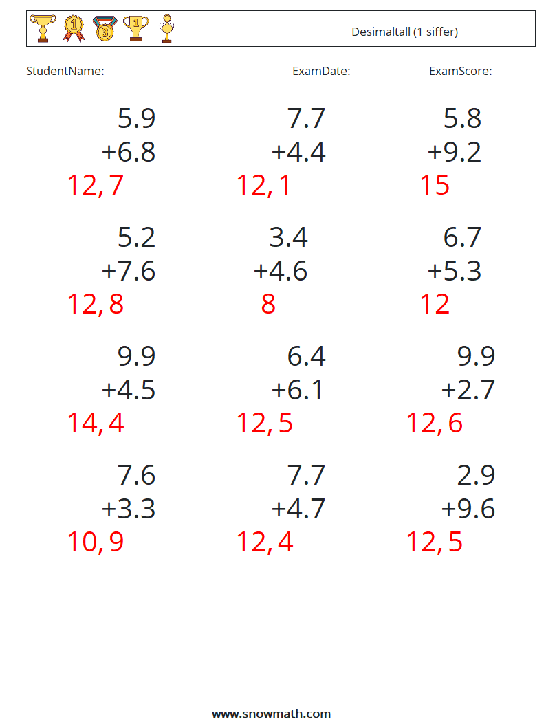 (12) Desimaltall (1 siffer) MathWorksheets 6 QuestionAnswer