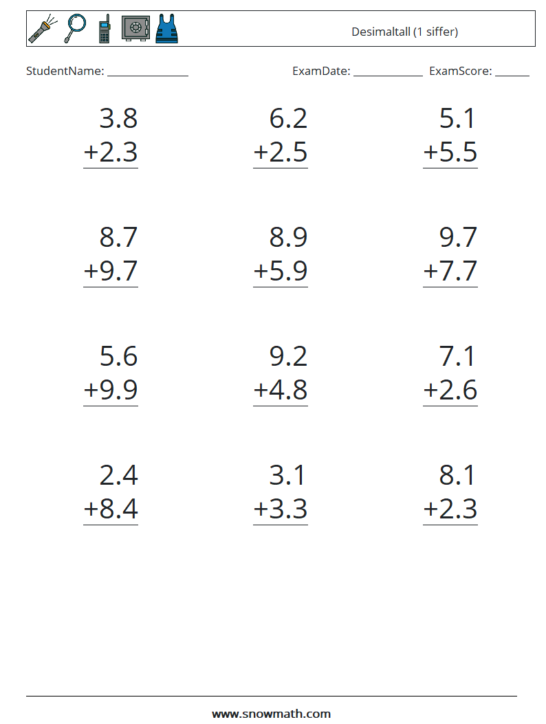 (12) Desimaltall (1 siffer) MathWorksheets 7