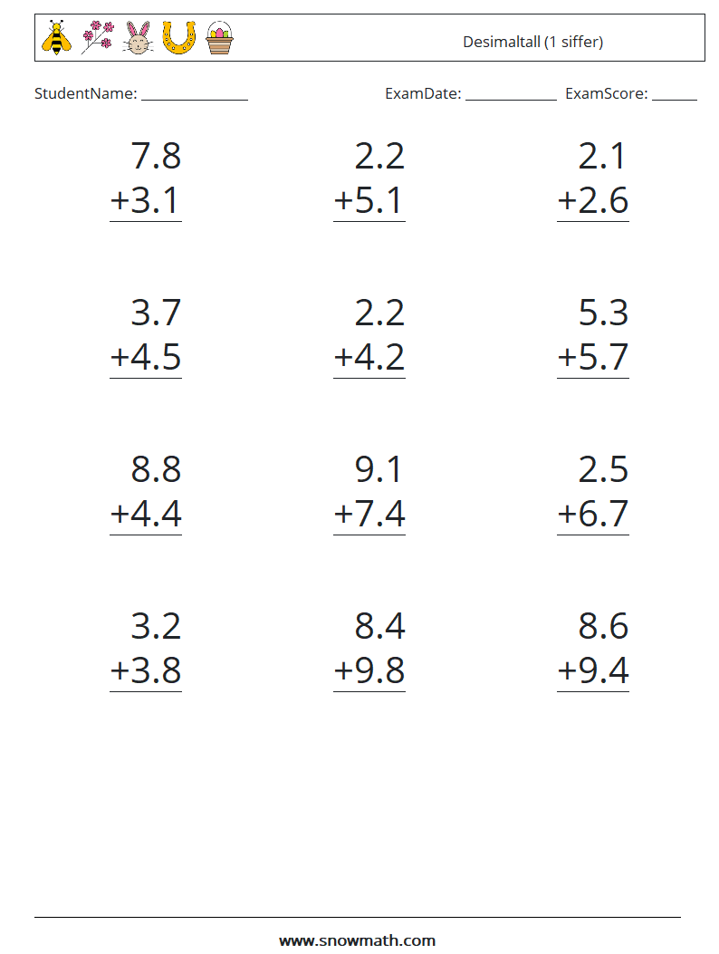 (12) Desimaltall (1 siffer) MathWorksheets 8