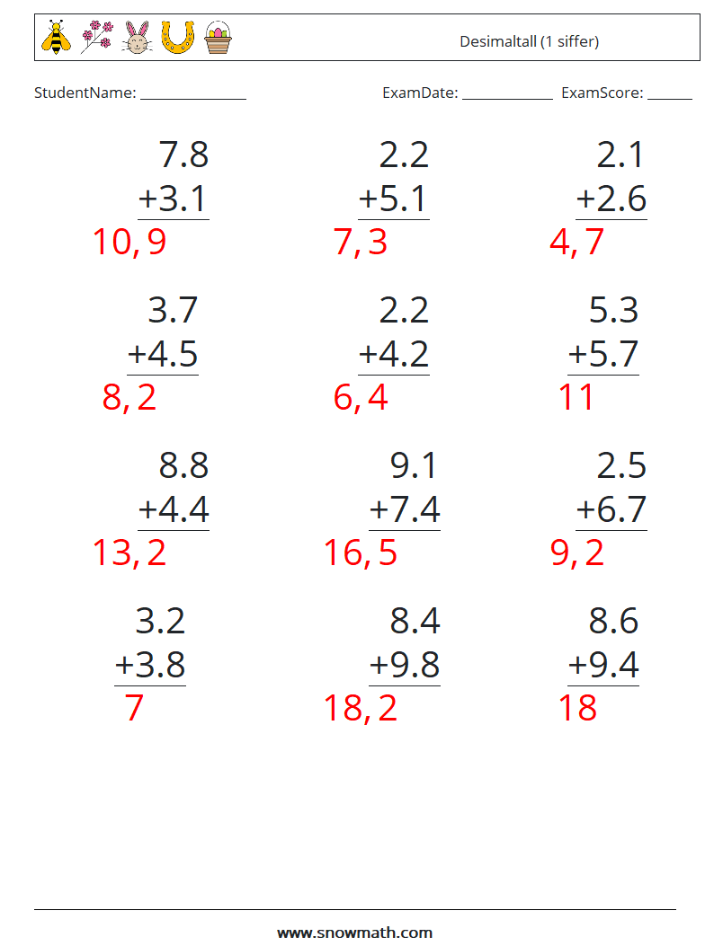 (12) Desimaltall (1 siffer) MathWorksheets 8 QuestionAnswer