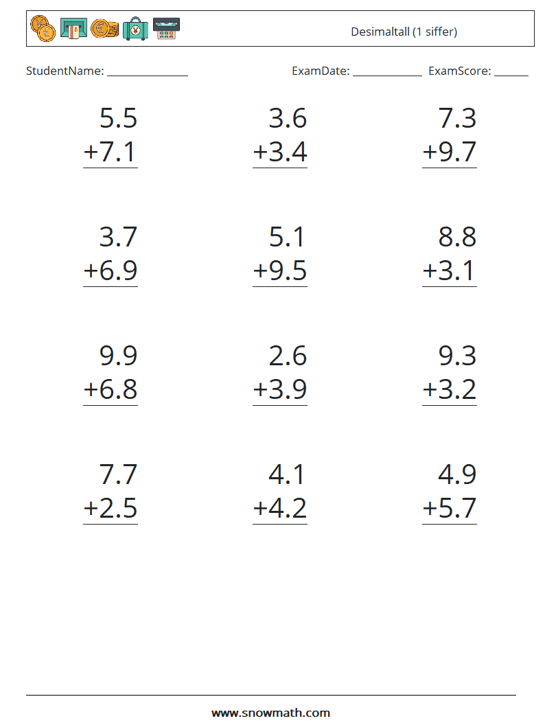 (12) Desimaltall (1 siffer) MathWorksheets 9