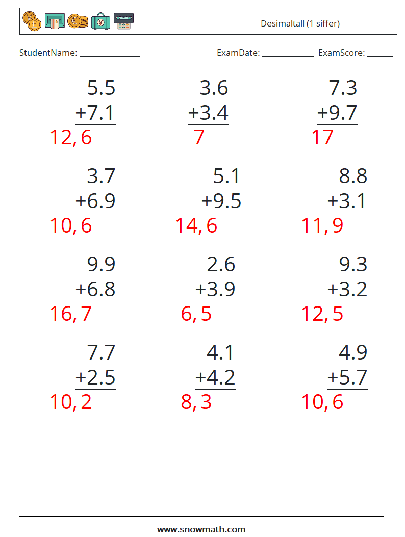 (12) Desimaltall (1 siffer) MathWorksheets 9 QuestionAnswer