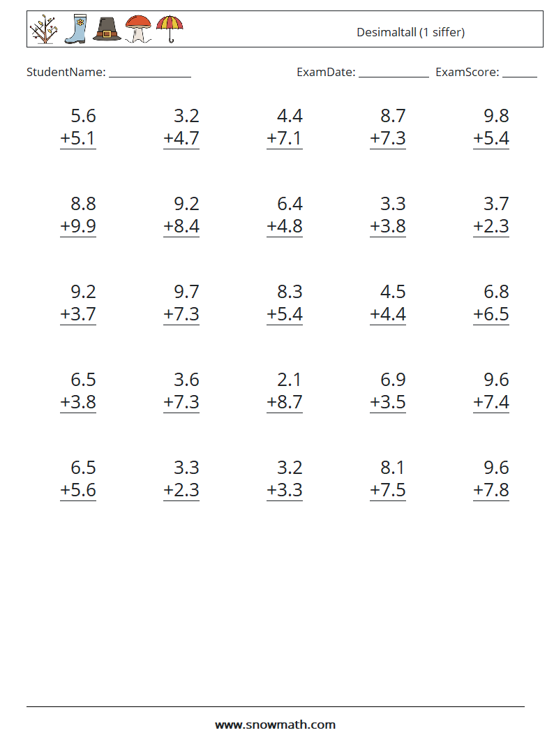 (25) Desimaltall (1 siffer) MathWorksheets 13