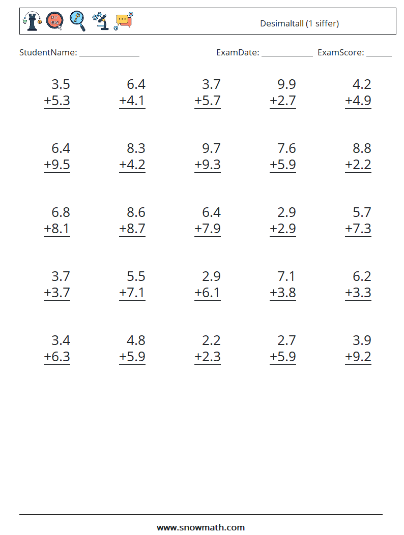 (25) Desimaltall (1 siffer) MathWorksheets 15