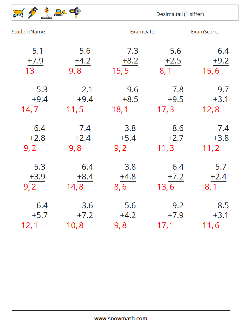 (25) Desimaltall (1 siffer) MathWorksheets 16 QuestionAnswer