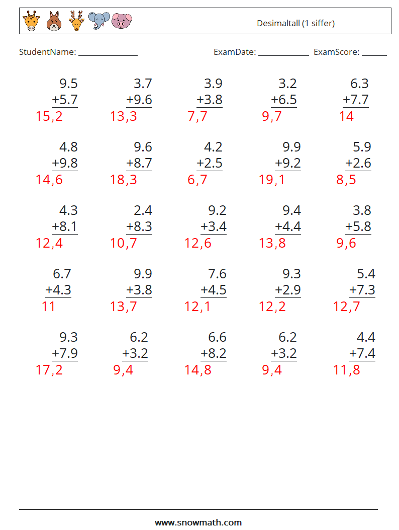 (25) Desimaltall (1 siffer) MathWorksheets 1 QuestionAnswer