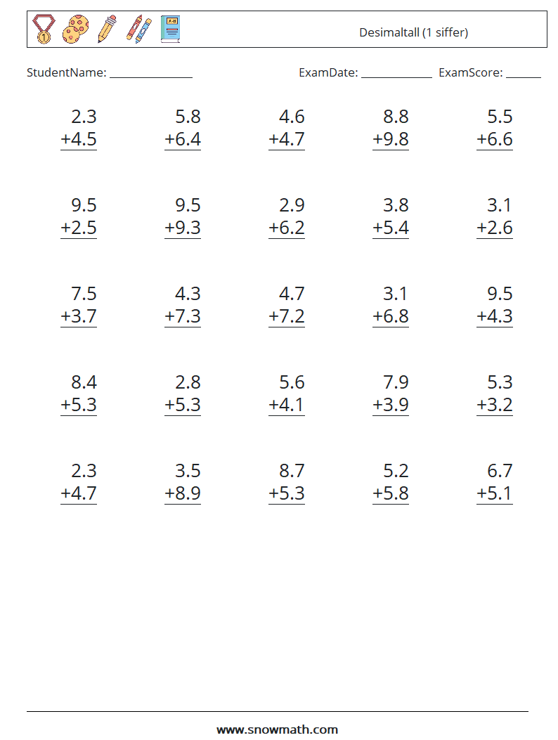 (25) Desimaltall (1 siffer) MathWorksheets 2