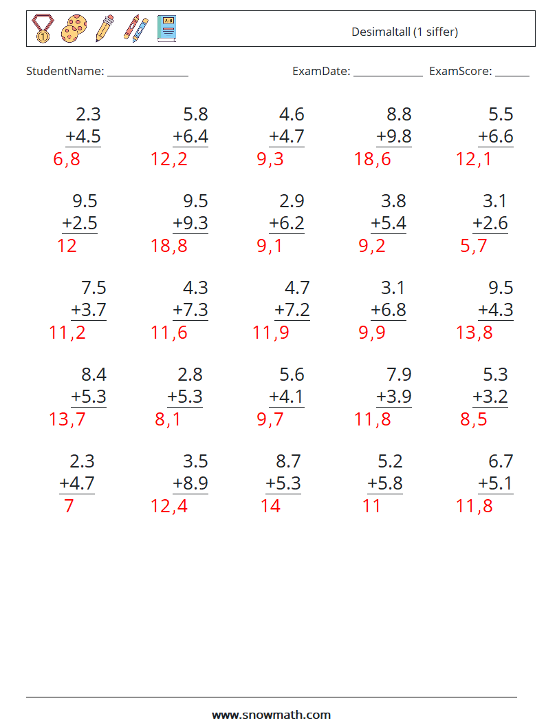 (25) Desimaltall (1 siffer) MathWorksheets 2 QuestionAnswer