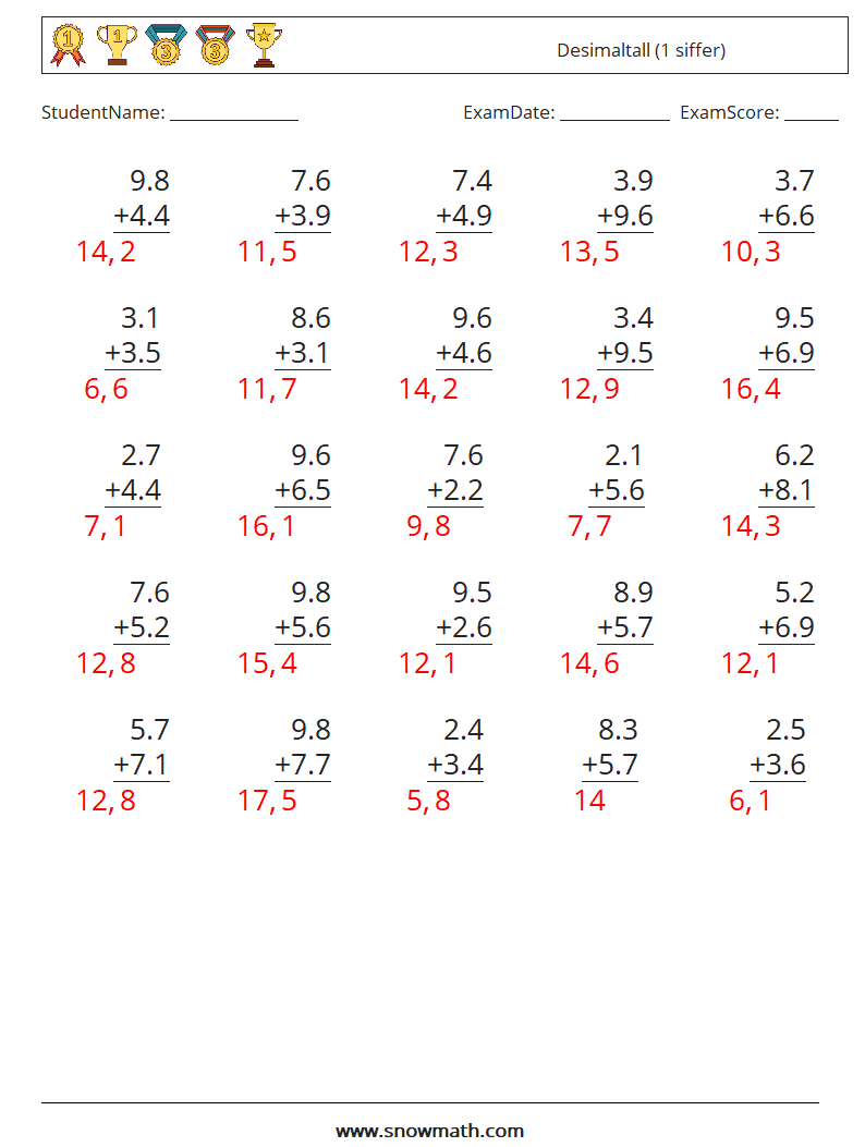 (25) Desimaltall (1 siffer) MathWorksheets 3 QuestionAnswer