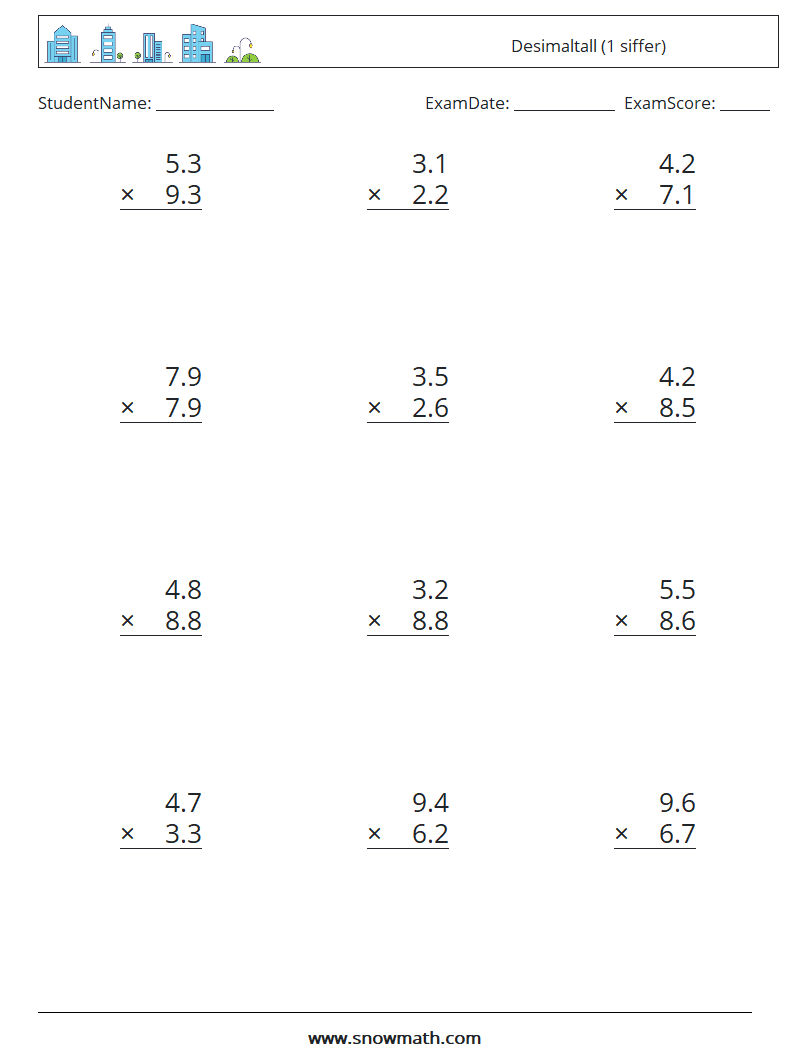 (12) Desimaltall (1 siffer) MathWorksheets 1