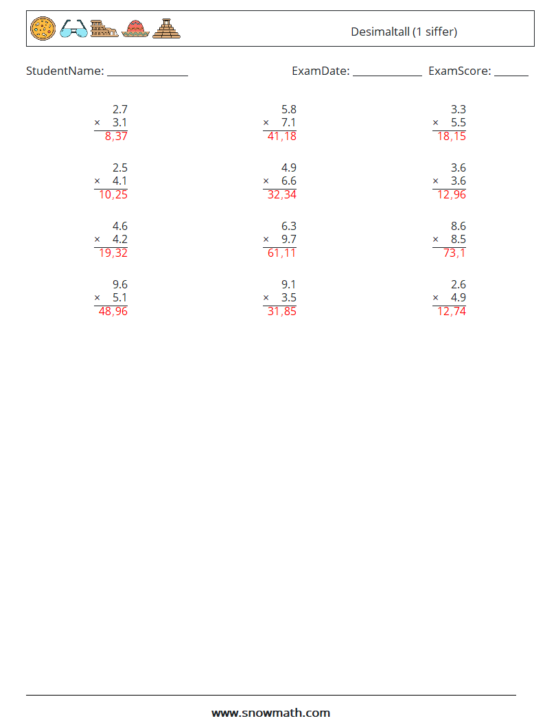 (12) Desimaltall (1 siffer) MathWorksheets 10 QuestionAnswer
