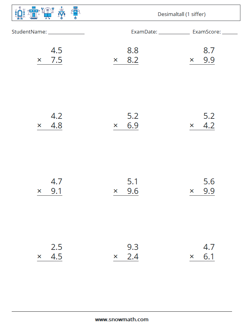 (12) Desimaltall (1 siffer) MathWorksheets 11