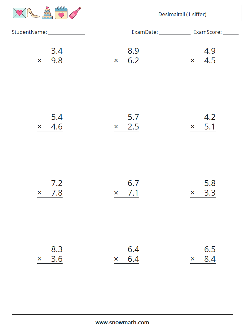(12) Desimaltall (1 siffer) MathWorksheets 12