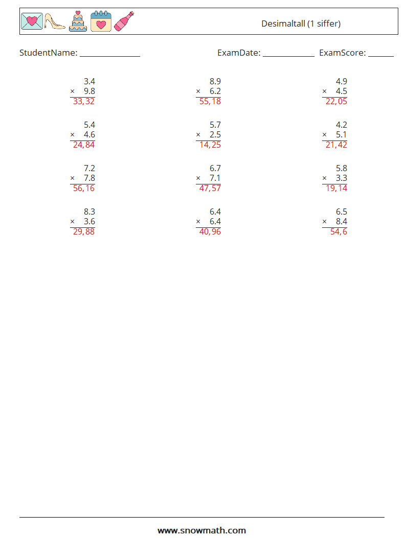 (12) Desimaltall (1 siffer) MathWorksheets 12 QuestionAnswer