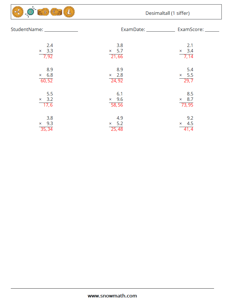 (12) Desimaltall (1 siffer) MathWorksheets 13 QuestionAnswer