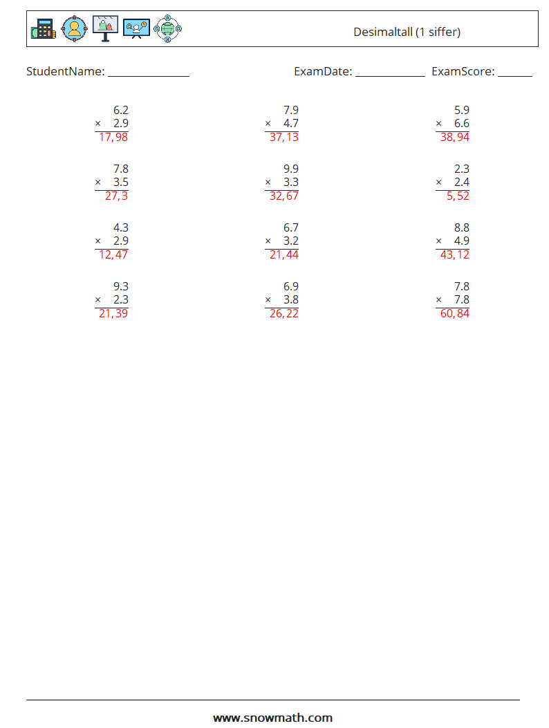 (12) Desimaltall (1 siffer) MathWorksheets 14 QuestionAnswer