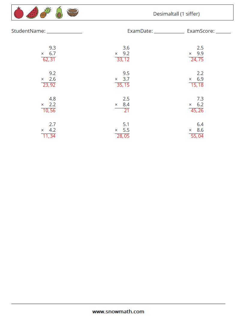 (12) Desimaltall (1 siffer) MathWorksheets 15 QuestionAnswer