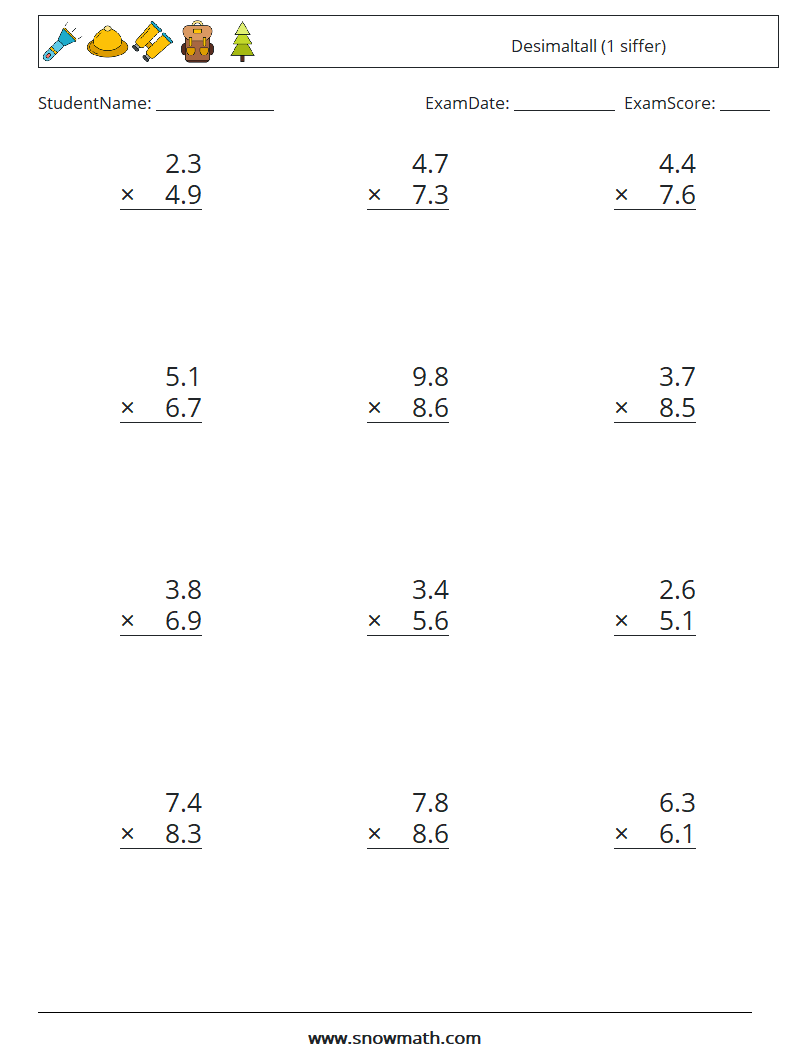 (12) Desimaltall (1 siffer) MathWorksheets 16