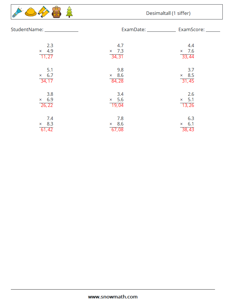 (12) Desimaltall (1 siffer) MathWorksheets 16 QuestionAnswer