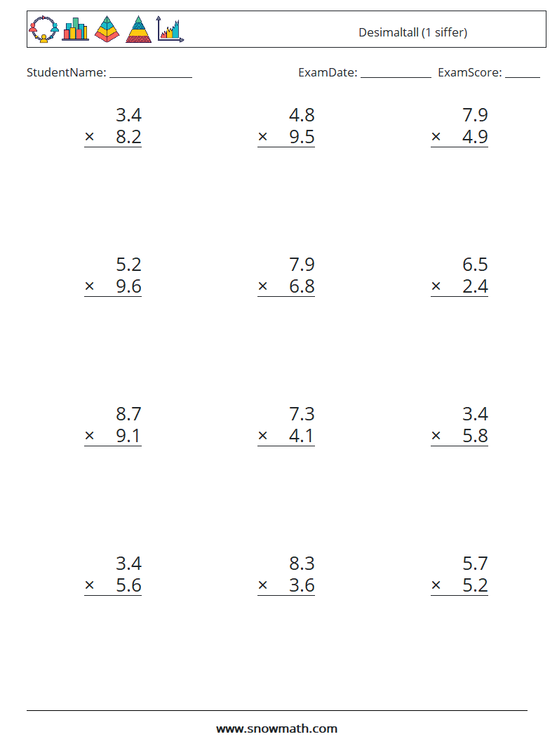 (12) Desimaltall (1 siffer) MathWorksheets 17
