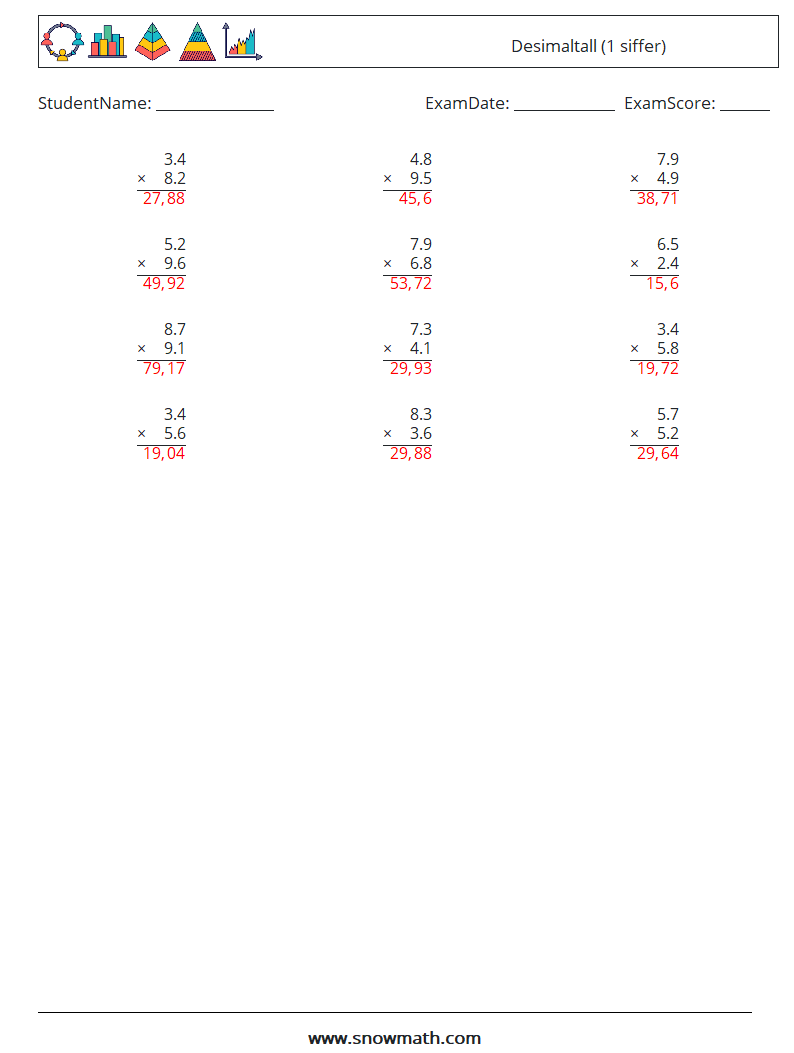 (12) Desimaltall (1 siffer) MathWorksheets 17 QuestionAnswer