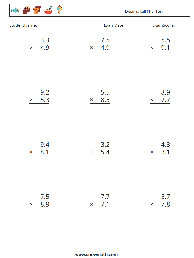 (12) Desimaltall (1 siffer) MathWorksheets 2
