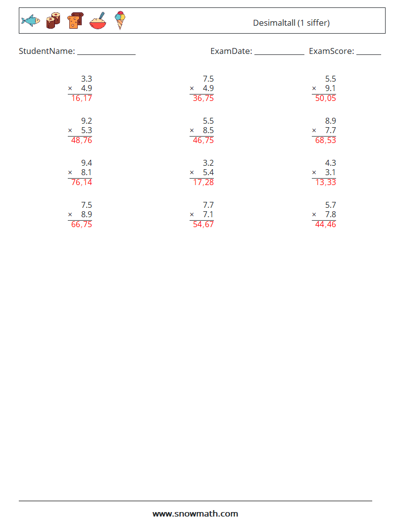 (12) Desimaltall (1 siffer) MathWorksheets 2 QuestionAnswer
