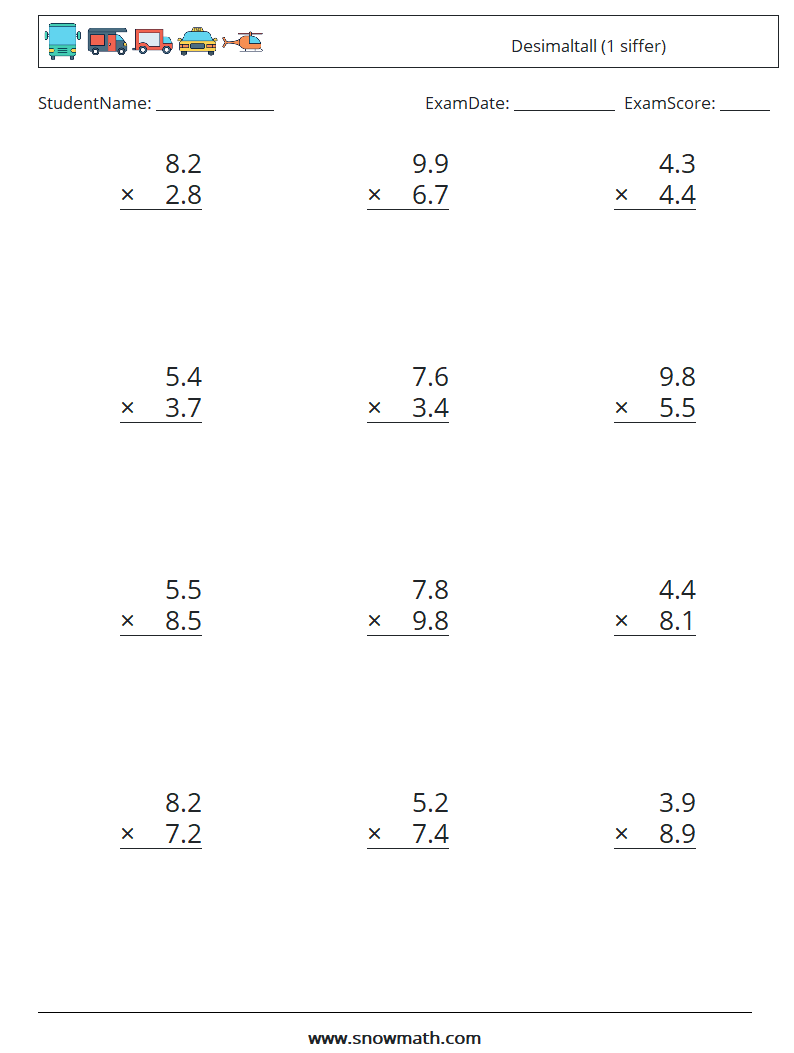 (12) Desimaltall (1 siffer) MathWorksheets 3