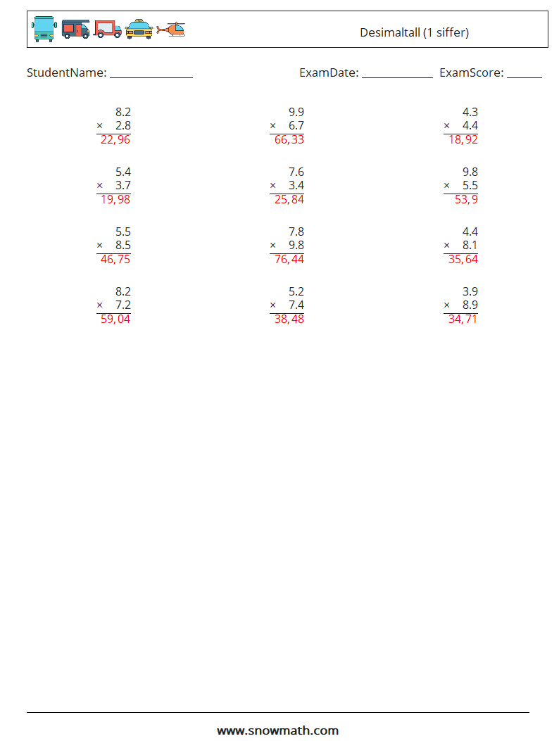 (12) Desimaltall (1 siffer) MathWorksheets 3 QuestionAnswer