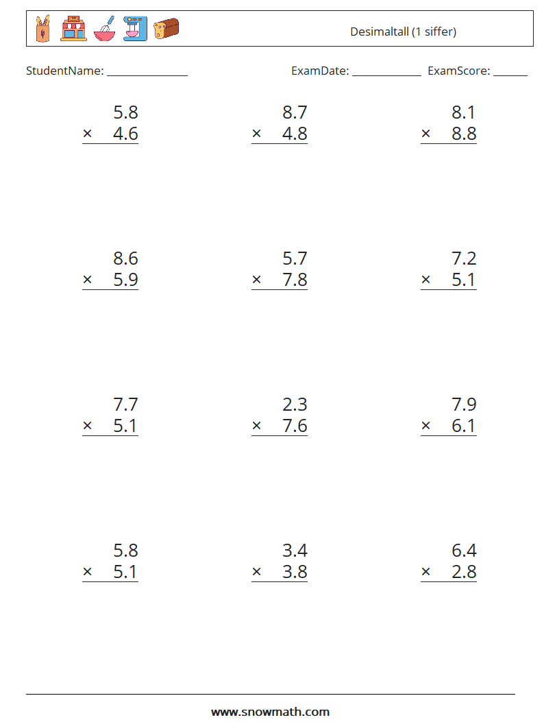 (12) Desimaltall (1 siffer) MathWorksheets 4