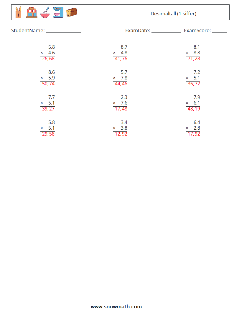 (12) Desimaltall (1 siffer) MathWorksheets 4 QuestionAnswer