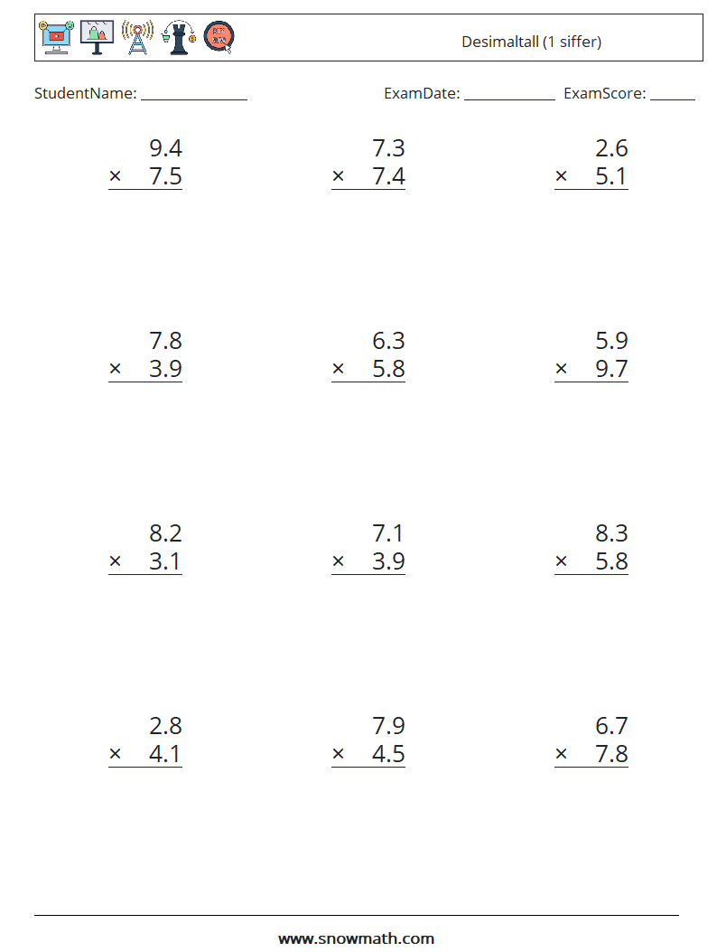 (12) Desimaltall (1 siffer) MathWorksheets 5
