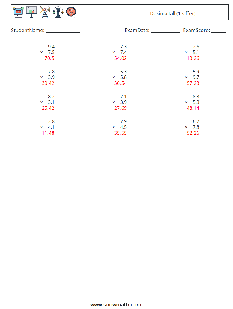 (12) Desimaltall (1 siffer) MathWorksheets 5 QuestionAnswer