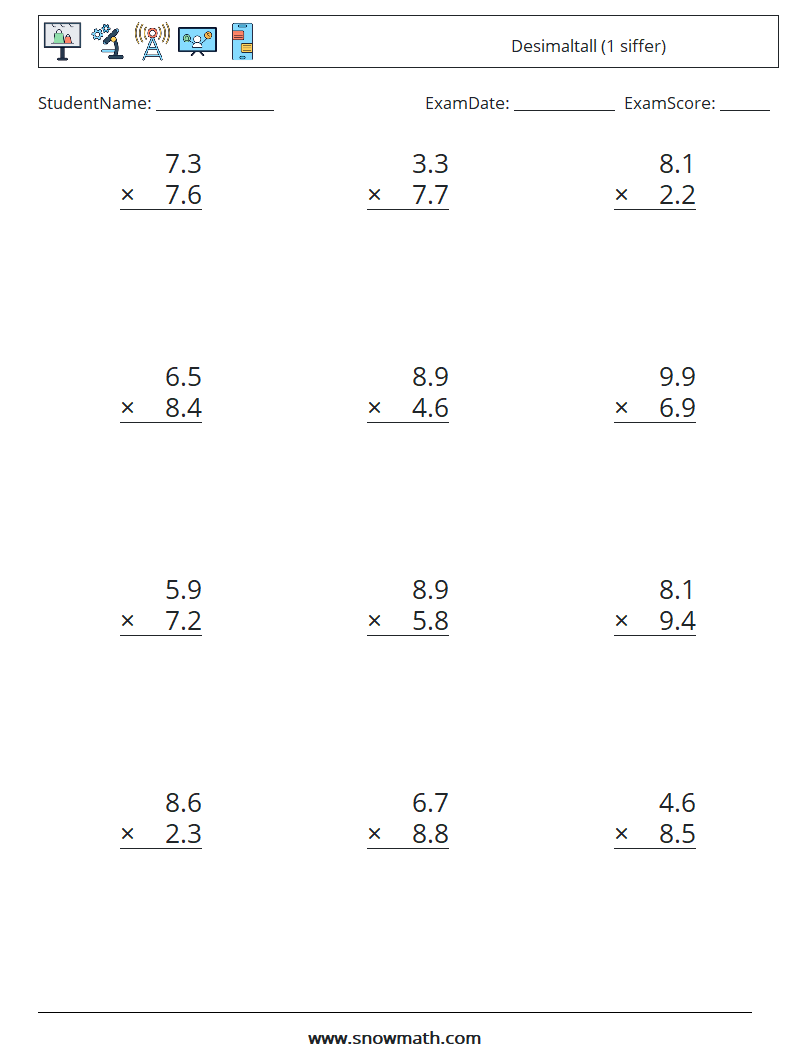 (12) Desimaltall (1 siffer) MathWorksheets 6