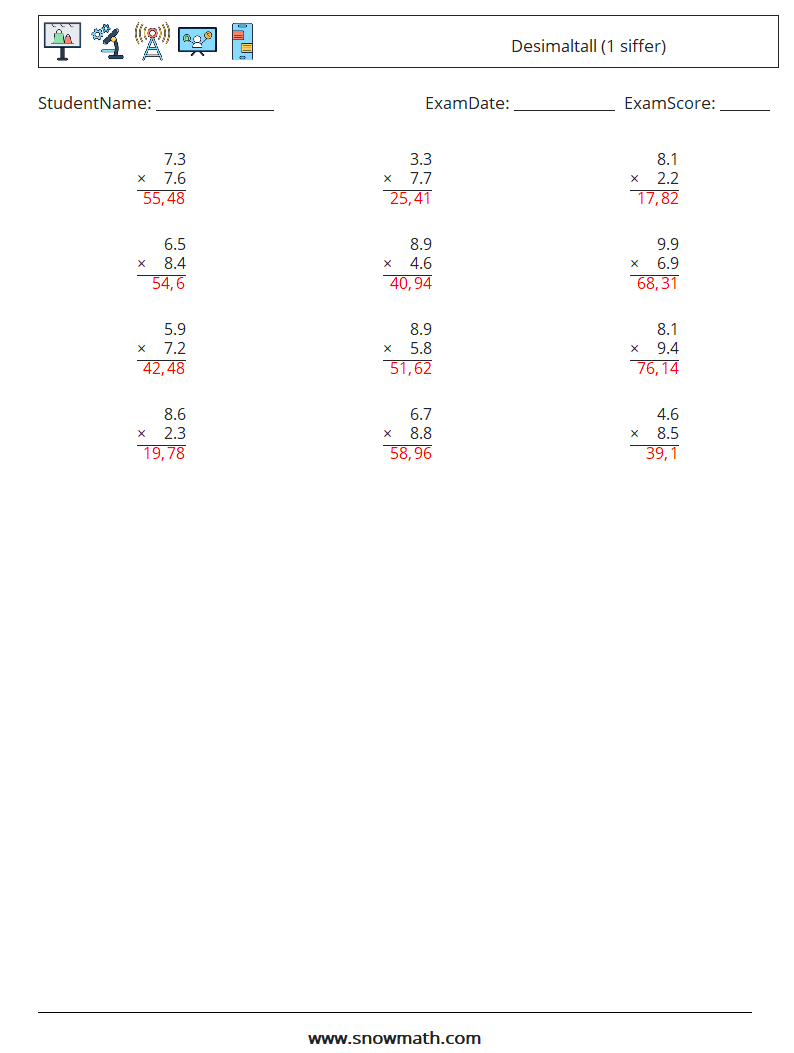 (12) Desimaltall (1 siffer) MathWorksheets 6 QuestionAnswer