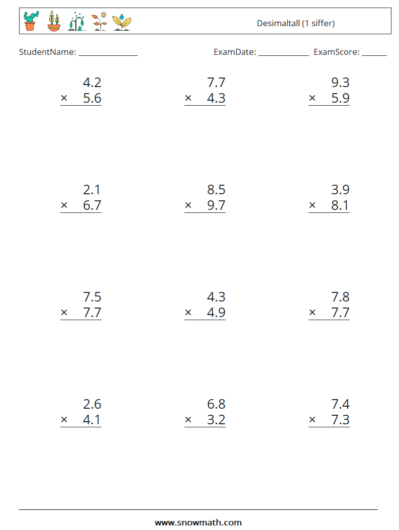 (12) Desimaltall (1 siffer) MathWorksheets 7