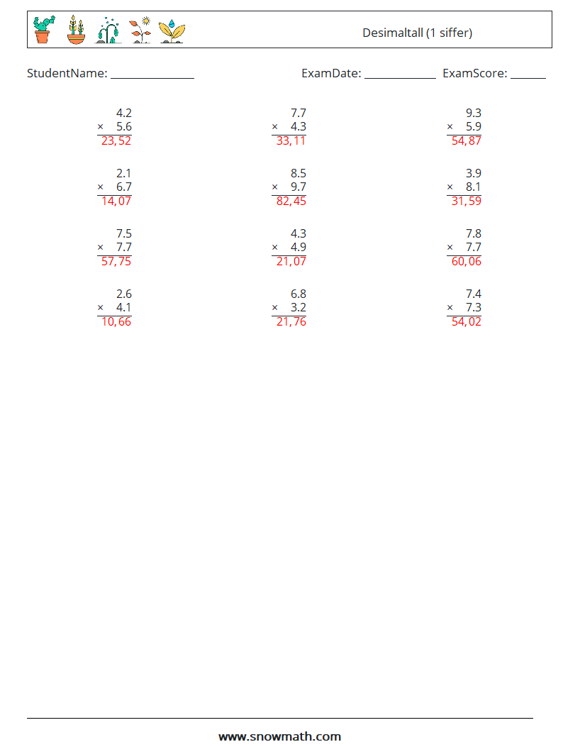 (12) Desimaltall (1 siffer) MathWorksheets 7 QuestionAnswer