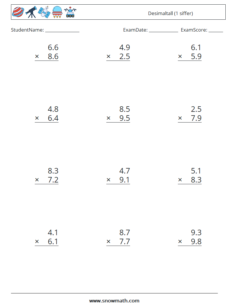 (12) Desimaltall (1 siffer) MathWorksheets 9