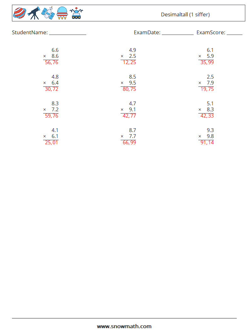 (12) Desimaltall (1 siffer) MathWorksheets 9 QuestionAnswer