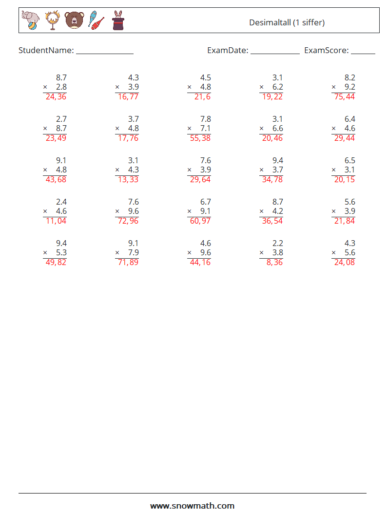 (25) Desimaltall (1 siffer) MathWorksheets 13 QuestionAnswer