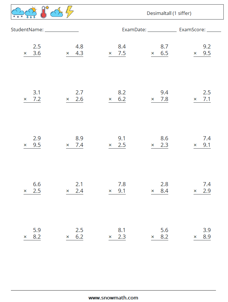 (25) Desimaltall (1 siffer) MathWorksheets 14