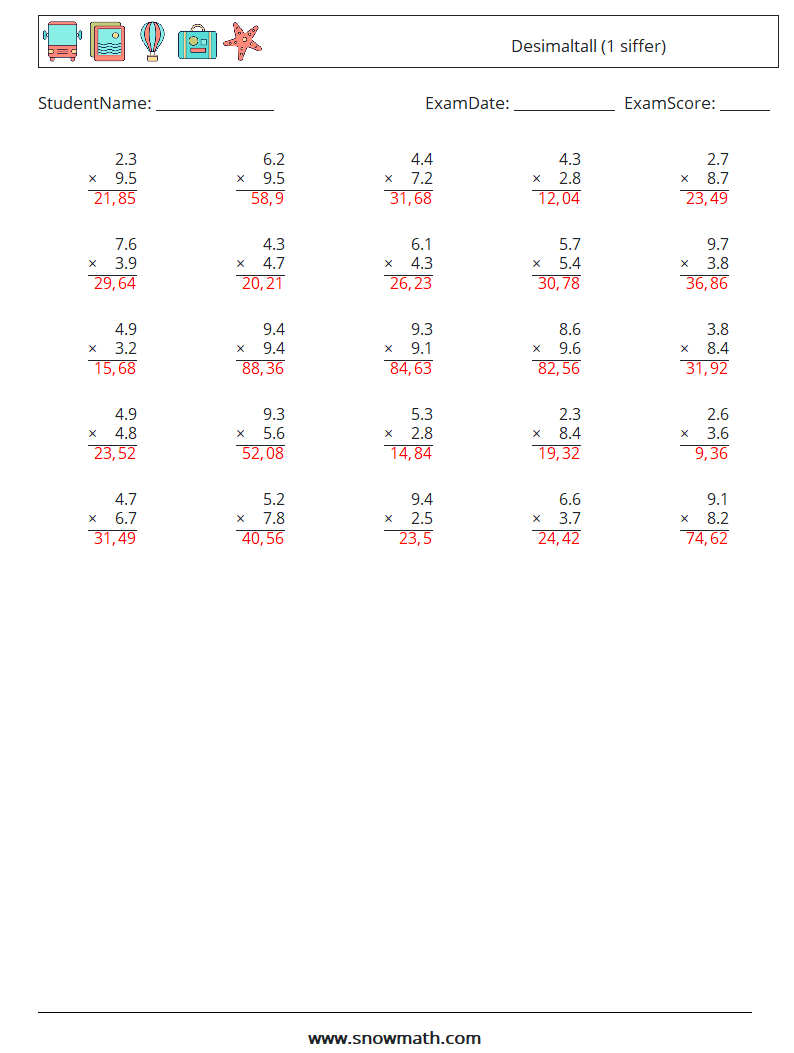 (25) Desimaltall (1 siffer) MathWorksheets 15 QuestionAnswer